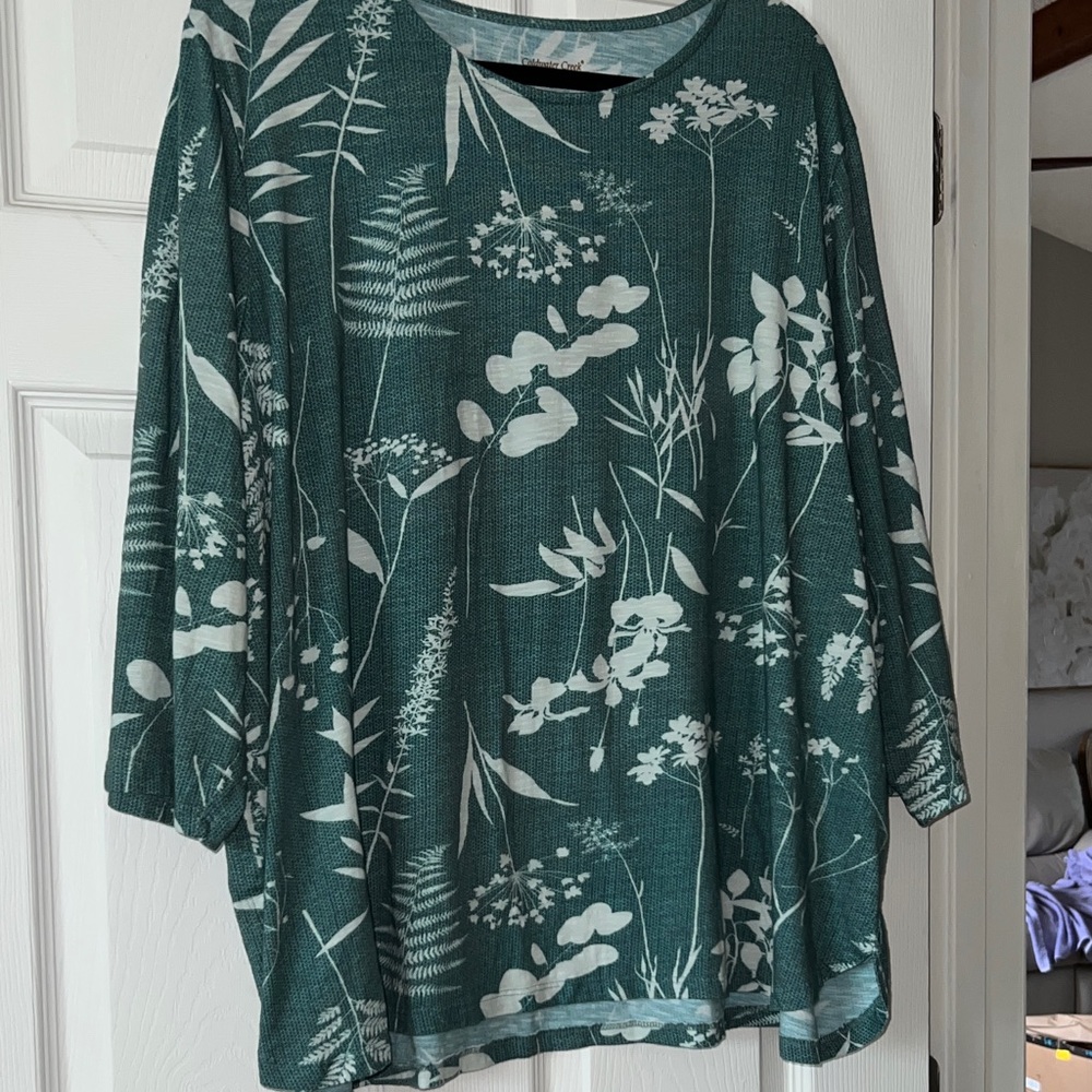 Coldwater Creek Green Botanical Print Top 3X Cotton Modal Blouse